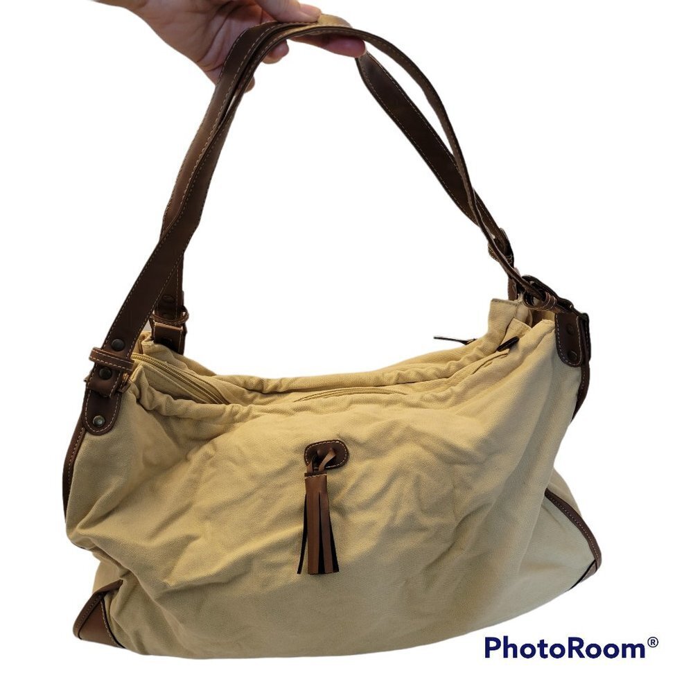 Beige Fabric Satchel Bag with Leather Trim